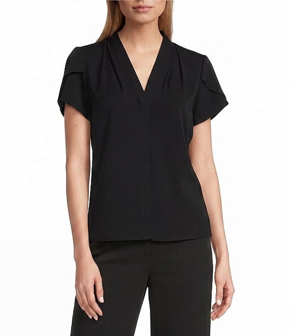 Jones New York V-Neck Petal Sleeve Blouse Black Size M 3776